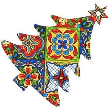 Mexican Ceramic Tile Christmas Wooden Ornaments 6-PCS Double-Sided Printed Twine for Trees Walls Doors Pine Tree Shape Christmas Ornament