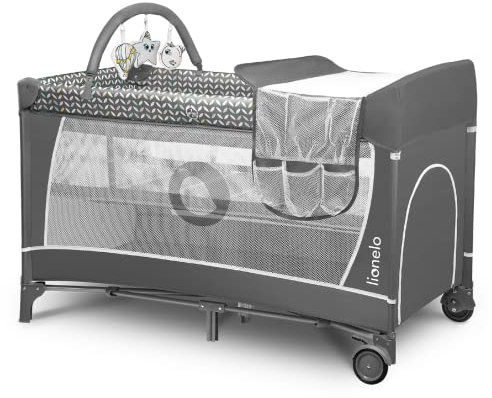 lionelo Flower 2in1 Reisebett und Laufstall mit Wickeltisch für Neugeborene und Kleinkinder 0-36kg 2-stufige Matratzenhöhe Netzwände Seiteneinstieg Spielzeugstange LockGuard Sicherheit Quick-Fold