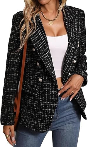 FM2018XSL Veste en Tweed pour Femmes Veste de Costume en Tweed à Carreaux Ouverts sur le Devant,Veste de Bureau Décontractée à Manches longues,Manteau élégant
