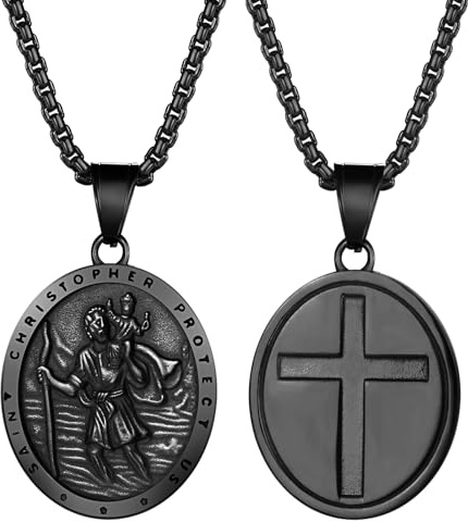 OIDEA Herren Saint Christophorus Halskette: St. Christopher Oval Medaille Anhänger aus Edelstahl mit Weizenkette Schutzsymbol Kreuz katholisches Amulett Kette Geschenk für Männer Junge