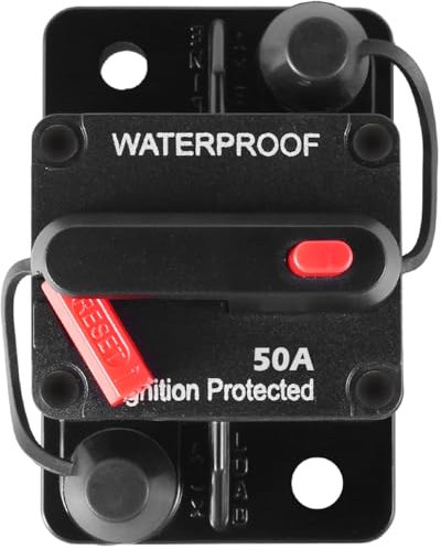 Foppla Disjoncteur 20-300 A - Réinitialisation automatique - 12-48 V CC - Fusible de voiture - Disjoncteur - Interrupteur étanche pour voiture, bateau, camion, camping-car, audio solaire (50 A)