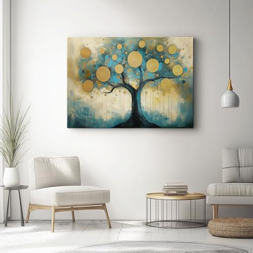 Bild Auf Leinwand 120L X 50B Cm Geldbaum Kunst Reichtum Blau Gold– Großes Wandbild Für Wohnzimmer & Schlafzimmer – Moderne Vlies Kunstdrucke, Wanddekoration Für Ihre Wand