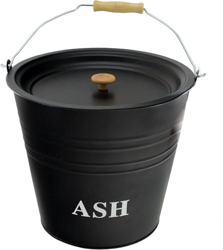 VIVAAS 12L Ash Bucket With Lid Easy to Carry Wooden Handle Fireside For Hot Ash Coal Logs Chunks Pellets Fireplaces Fire Pits Bucket Charcoal Bin Box Galvanised Black for Indoor Outdoor