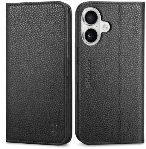 SHIELDON Case Wallet for iPhone 17 6.3 Inch 5G 2025 | Genuine Leather, Magnetic Closure, Kickstand, RFID Blocking Credit Card Holder, Foldable, Shockproof Phone Cover - Pebbled Black