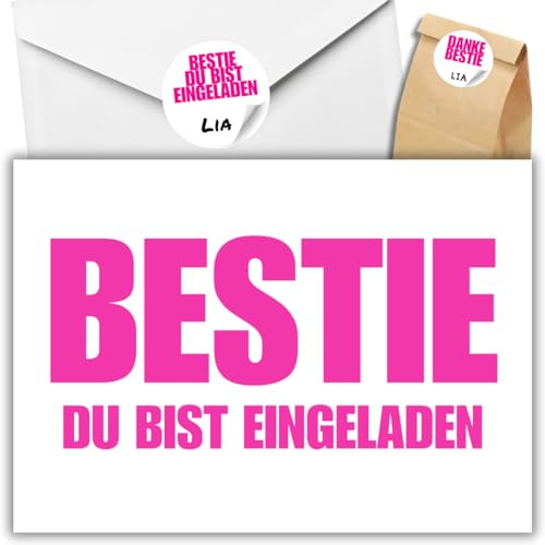 celebr8te 12x lässige Geburtstagseinladungen - BESTIE DU BIST EINGELADEN - Einladungskarten für Kindergeburtstag - Teenager Party Einladungskarten +12 Umschläge +24 Sticker +12 Geschenktüten