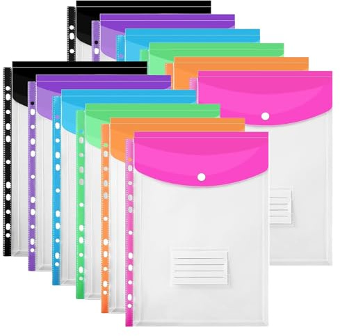 FITULABO 12 Pack Plastic Wallets A4 Punched Poly Pockets, Expanding Document Folders with Button & Label Pocket, Multicolour PVC File Sleeves for School, Home & Office