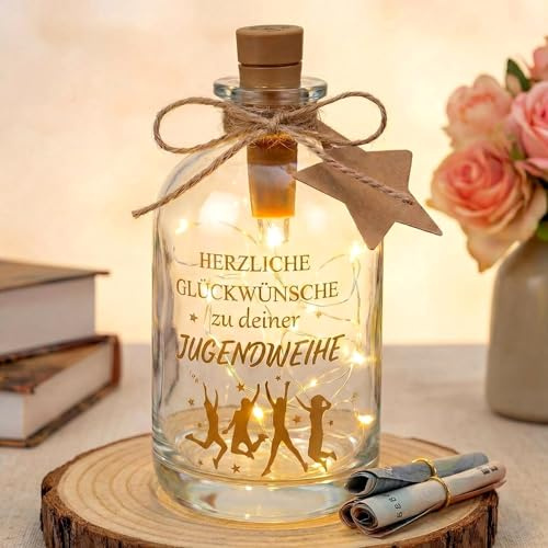 BBTO Jugendweihe Geldgeschenke LED Flaschenlicht mit Spruch Herzliche Glückwünsche zu Deiner Jugendweihe Flaschenlichterkette Beleuchtete Dekoflasche Geldgeschenke Verpackung für Jungen Mädchen
