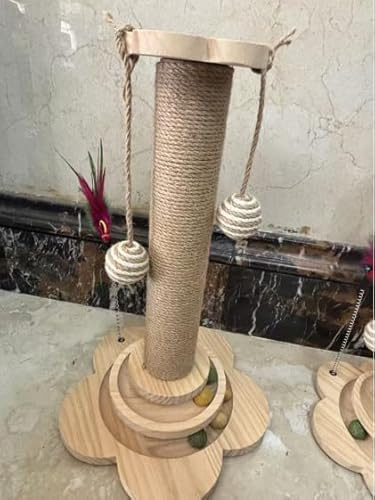 Katzenspielzeug mit Kratzbaum – Natursisal Kratzpfosten mit Spielzeug, Ruheplattform & Kratzball, für kleine & aktive Katzen, 46 cm, aus Holz & Metall, stabile Basis mit Anti-Rutsch-Füßen