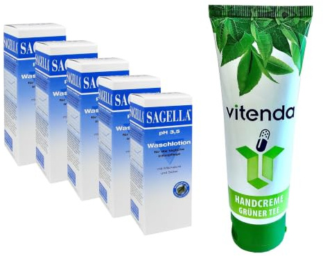 vitenda Set: Intim-Waschemulsion mit Sagella pH 3,5, seifenfrei mit Milchsäure & Salbei zur täglichen Intimpflege, 5x250ml – inkl. vitenda Handcreme