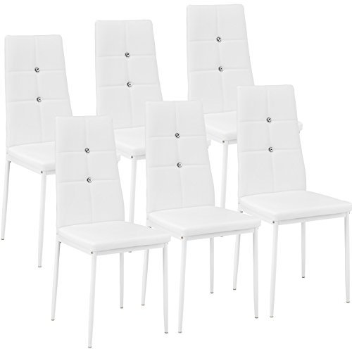 tectake® Moderne Stühle, 6er Set, 6X Stuhl mit Bezug aus Kunstleder, Glitzersteine, als Küchenstühle, Esszimmerstühle oder Polsterstuhl für Wohnzimmer, Esstisch, Bar - weiß