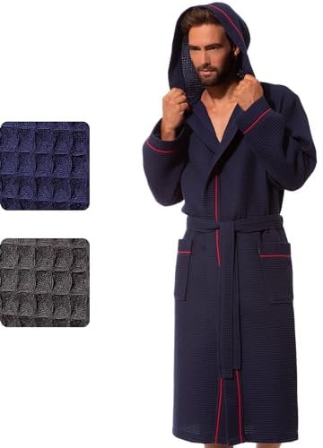 Morgenstern Waffelpique Bademantel Herren in Marine wadenlang Männer Morgenmantel Kapuze Größe L Saunamantel Duschmantel zweifarbig einfarbig blue