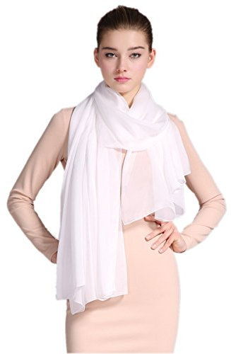 Prettystern Damen XXL Seiden-Schal einfarbig Seide Stola Wedding Sarong Pareo Schultertuch Chiffon Sarong Pareo Weiss