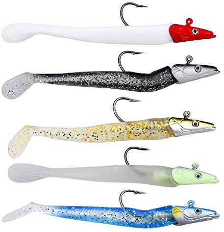 5 Pezzi Esca da Pesca con Esche Artificiali Esche ArtificialiEsca di Simulazione Silicone T Coda Esca Artificiale con Gancio Tagliente Pesce di Gomma con Coda Rotante Fishing Tackle Pesca in plastica
