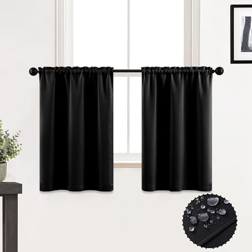 XTMYI, Tende in tessuto impermeabile 76 cm per finestre di bagno e cucina, mini doccia, piccole tende oscuranti a pannelli, set di 6,5 cm di larghezza, nero