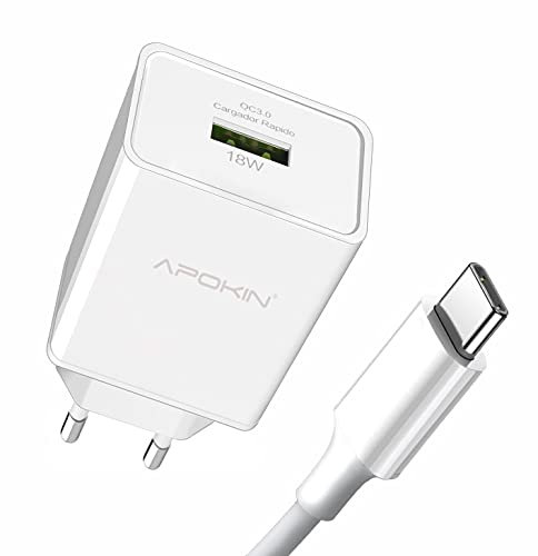 APOKIN® Cargador Tipo C con Cable USB C - 3.1 Enchufe Potente de 18w Compatible Samsung Galaxy A51 A71 A52 5G A50 A20E A20 A30S A30 M20 M30S, Huawei, Vivo, Xiaomi