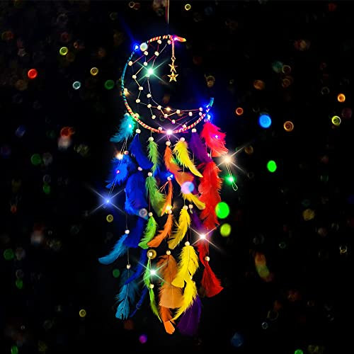 CHMMY Mond-Traumfänger mit LED Licht,Handgefertigter Federn Dreamcatcher, Mädchen Zimmer Schlafzimmer Romantische Dekoration, Hochzeits, Heimdekoration, Ornamente Dream catcher