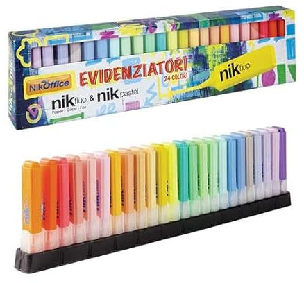 Confezione con 24 Evidenziatori, tonalità colore 16 pastello e 8 fluo NikOffice