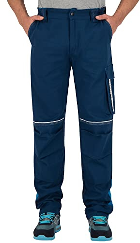 BWOLF Raptor - Pantaloni da Lavoro da Uomo in 100% Cotone, con Tasche multifunzionali, Tasche per Ginocchiere, Strisce Riflettenti, Blu, XXXXL