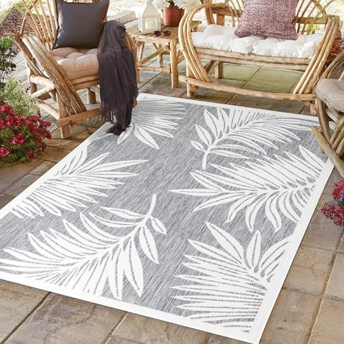 payé Outdoor Teppich Wetterfest - 160x230cm - Grau Weiß - Pflanzen Muster - Teppiche für Terrasse Balkon Garten Indoor