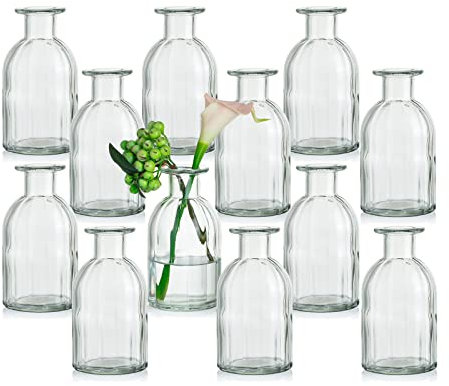 Glasseam Small Glass Bud Vase, Set of 12 Clear Narrow Neck Apothecary Bottle 14cm Mini Ribbed Short Vintage Round Vases for Pampas Grass Flowers Wedding Centrepieces Living Room Table Decoration