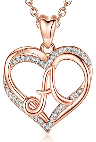 INFUSEU Kette mit Buchstaben, A Halskette Anhänger A-Z Alphabet Schmuck Double Herz Initial Halsketten Rosegold Damen Cubic Zirconia CZ Jahrestag Geschenke für Frauen Paar