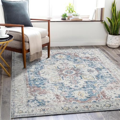 TOPICK Teppich 210x300cm Marineblau Floral Faltbar Waschbar Superdünne Vintage Blumenteppich Kurzflor Orientalischer Küchenteppich für Innenbereich Schlafzimmer Wohnzimmer Esszimmer Büro Flur