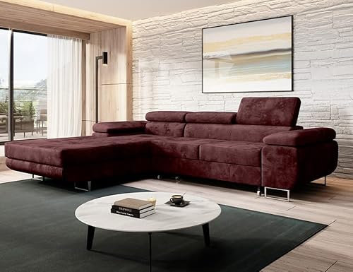 MODERNO Ecksofa mit Schlaffunktion und Bettkasten NORBERG - Sofa mit 3 Sitzen und Robusten Überzug - Schlafcouch L-Form - Modern Couch 72x279x205 cm - Ecke Links Weinrot