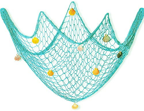 150 * 200cm Fischernetz mit Muscheln Wassergrün Meerjungfrau Netz Strand Thema Dekonetz zum Aufhängen Fischnetz Deko für Party Home Wohnzimmer Schlafzimmer mediterranen Stil Dekor Wanddekoration