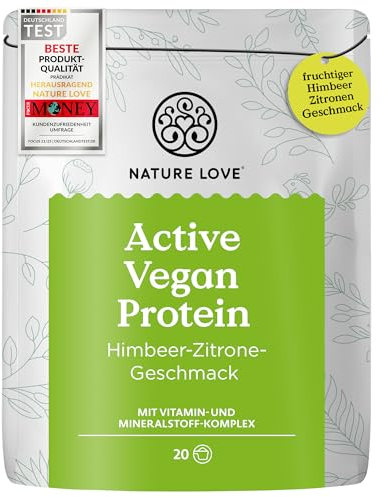 NATURE LOVE® Active Vegan Protein Pulver Himbeer-Zitrone - 600 g - veganes Proteinpulver mit Vitamin- und Mineralstoff-Komplex - Eiweiß Protein Pulver ohne Zuckerzusatz - vegan und laborgeprüft