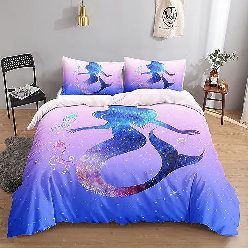 HOSIMA Meerjungfrau-Bettwäsche-Set für Erwachsene, Jungen und Mädchen, Glitzernder Blauer Meerjungfrau-Druck, Bettbezug mit 2 Kissenbezügen (Blaue Meerjungfrau S)