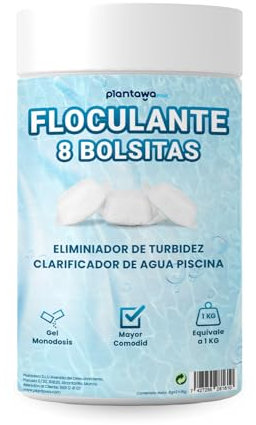 PLANTAWA Floculante en Polvo Monodosis 8 Unidades | Floculante Clarificante para Piscinas, Equivale 1KG, Eliminador Turbidez, con Ingredientes Origen Natural, Vegano, Todo Tipo Piscinas, SPA