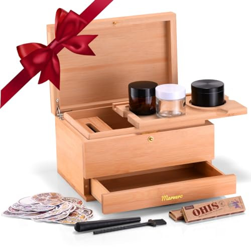 Marvero Großes Bambus Box Tablett Set, Geschenk Set Grinder Box Premium Stash Box Herausnehmbares Tablett | Gläser Crusher Set| Allem Zubehör (25 * 18 * 14 CM)