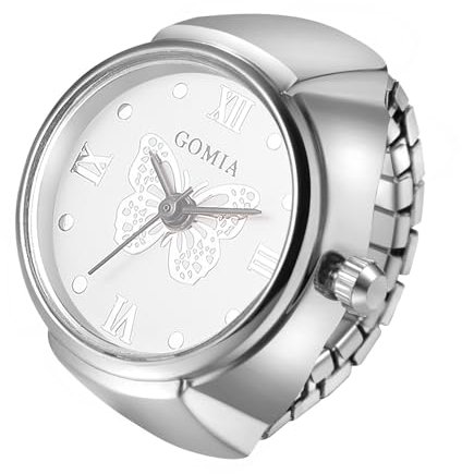 JewelryWe Ringuhr Fingeruhr Elastisch Schmetterling - Damen Analog Quarz Fingerringuhr Ring Uhr Uhrenring mit Weiß Schmetterling Römischen Ziffern Zifferblatt und Silber Legierung Elastisch Band