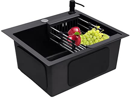 TRIEBAN Évier de cuisine en acier inoxydable noir avec panier d'écoulement et distributeur de savon, encastrable - Évier de cuisine carré pour l'intérieur et l'extérieur - 40 x 45 cm