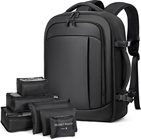Lekespring Handgepäck Flugzeug für Herren Damen, 17.3 Zoll Laptop Rucksack Reiserucksack, 45L mit 6 Teilige Kleidertaschen für Urlaub Business Arbeit Reisen, Schwarz
