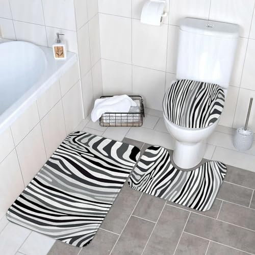 SOYDAN Dreiteiliges,Badezimmer Badematte Anti-Rutsch Badematte Set Waschbar Geruchlos Badematte Set, Zebramuster aus Grauer und schwarzer Farbillustration
