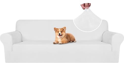 CYCMACO Samt Sofa Überzug 4 Sitzer, Sofabezug Elastische, Couch Überzug Haustier Katze Hunde, Universal Sofa Cover Moderne, Sofahusse Mit Armlehnen, Sofaschoner rutschfest, Weiß