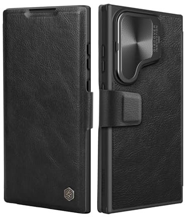 Nillkin Klappbar Hülle Kompatibel mit Samsung Galaxy S24 Ultra (6,8 Zoll), [Kameraschutz] Leder Wallet Handyhülle mit Magnetische Kameraabdeckung Kickstand, Anti-Spionage Schutzhülle, Schwarz