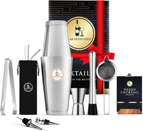Bar Dedicated - Cocktail-Set Silber 13-teilig - Cocktail-Shaker Set mit Jigger - Boston Shaker Inkl. Rezeptbuch und Geschenkverpackung (Silver)