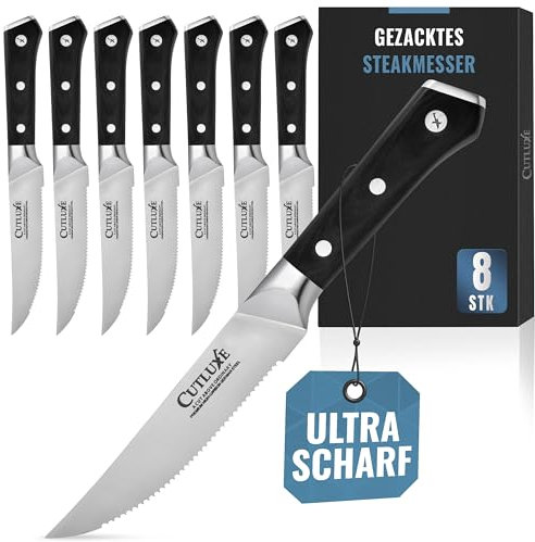 Cutluxe Couteau a Steak – Lot de 8 Couteaux de Table Dentelées – Couteau a Viande en Acier Allemand au Carbone Forgé, Pleine Soie, Manche Ergonomique – Série Artisan
