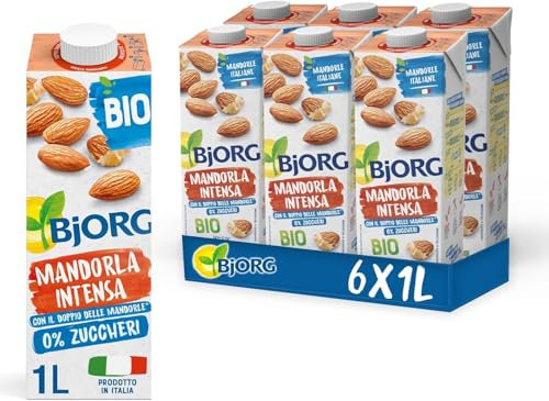 BJORG Bevanda di Mandorla Intensa Biologica 0% Zuccheri, Bevanda Vegetale a Basso Contenuto di Grassi, Ottima per Cappuccino, Senza Glutine, Gusto Intenso, Vegan, Formato 6 x 1L