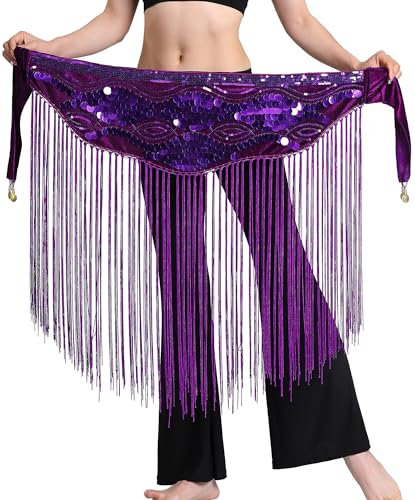 Sexy Funkelnde Pailletten Bauchtanz Hip Rock für Frauen Einstellbare Samt Schal Wickel Karneval Kostüm Gürtel Rock mit Lange Quaste Lila