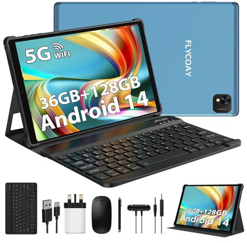 FLYCOAY Newest Android 14 Tablet 10 Inch, Octa-Core 2.0 GHz, 36GB RAM+128GB ROM(1TB TF) 5G+2.4G WiFi, 1920 * 1200 FHD, BT 5.0, GPS, 8000mAh, Metal Body, Tablet with Keyboard & Mouse, Bule