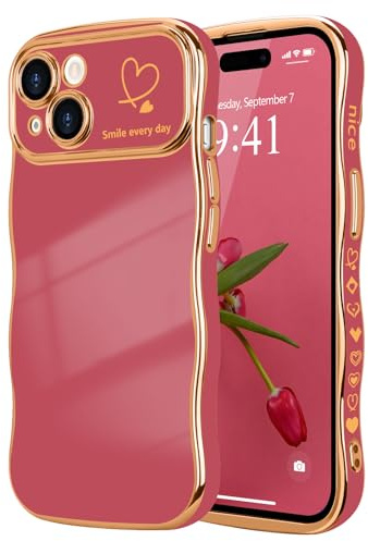 LCHULLE for iPhone 15 Case Cute for Women Girls Wavy, Faint Red | Luxury Plating Curly Wave Shape Frame with Love Heart Pattern, Raised Camera Protection Back Cover Shockproof Phone Case