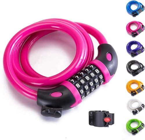 ProBytes 5 Digit Combination Resettable Bicycle Lock - 12mm x 120cm Steel Wire Chain, Cycle Chain, Fence, Gates, Door, Rails, Shed, Mounting Bracket, Sport Gear, Anti-Theft Bike Accessory - Pink