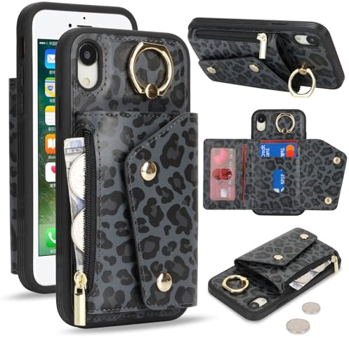 Lipvina für iPhone XR Hülle mit Kartenhalter Handyhülle mit Schlüsselanhänger Hülle geldbörse Leder Reißverschluss für Herren und Damen - Schwarzer Leopard