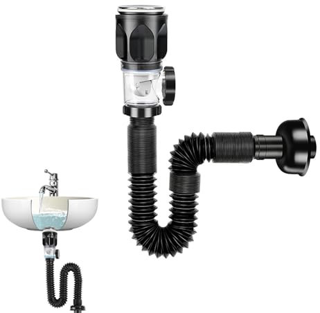 Waschbecken Ablaufgarnitur mit Überlauf Abflussrohr Waschbecken Pop-Up Ablaufventil Abflussstopfen Siphon Waschbecken Flexibler Siphon Schwarz PVC Abwasserrohr für Küche Spülbecken, Badezimmer