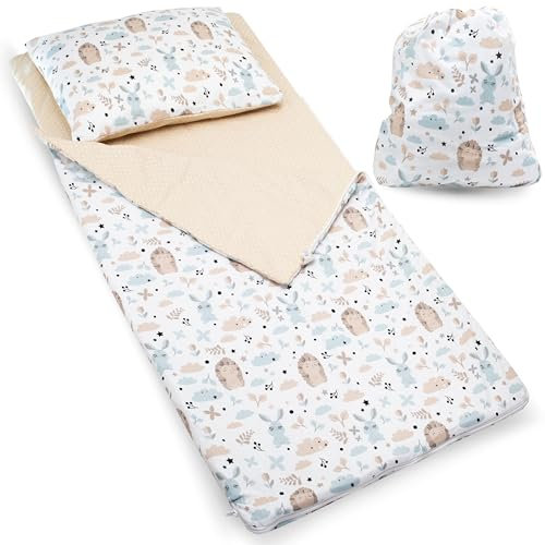 PinkZebra Schlafsack Kinder 140 x 75 cm + Kissenbezug 60 x 40 cm & Beutel, Indoor für Kindertagesstätte Kindergarten Deckenschlafsack, 3-8 Jahre (bis 135 cm Kindergröße), Öko-Tex, Igel