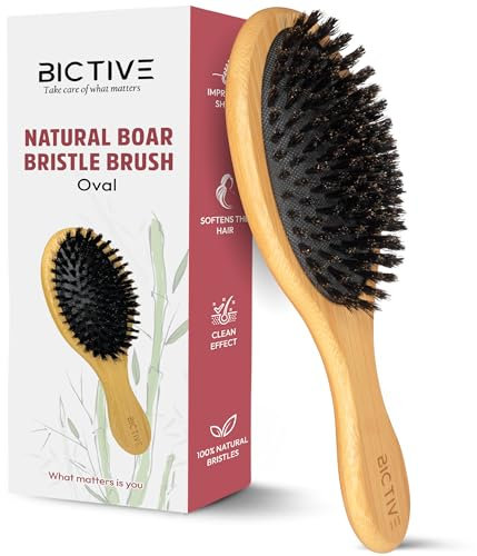 BICTIVE® Cepillo de Cerdas de Jabali Largas Naturales para Cabello Normal y Fino. Cepillo Pelo Antirotura, Alisador, Clean Look, Cepillo Cerdas Naturales para Mujer, Hombre y Niños. Peine Jabalí