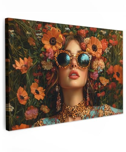 MuchoWow© Impressions sur Toile 120x80 cm Deco Tableau Murale Decoration Salon Peinture Tableaux Chambre Toiles Maison Femme - Fleurs - Moderne - Lunettes - Abstrait